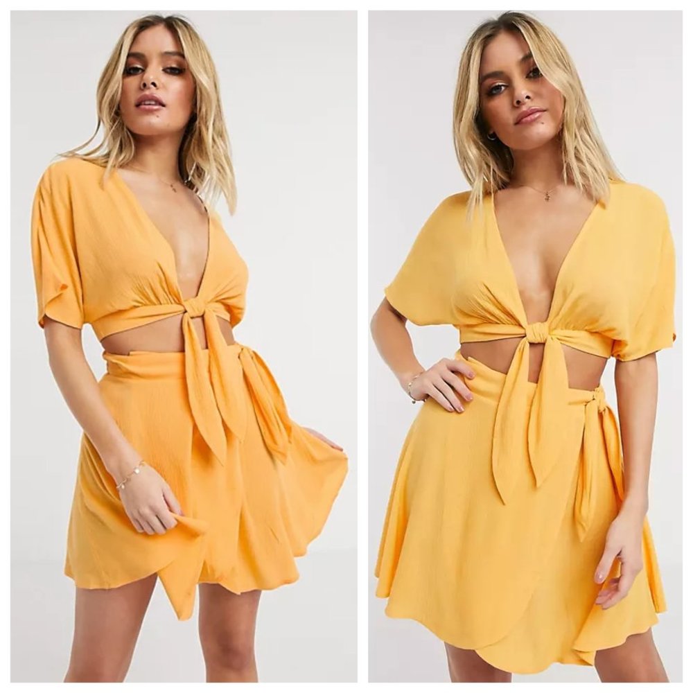 ASOS Orange Crinkle Tie Front Crop Top Wrap Skirt Co Ord Set